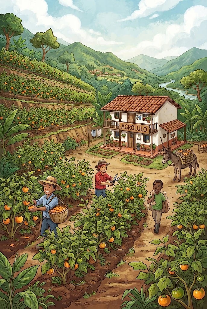 Finca de lulo con campesinos recogiendo la cosecha